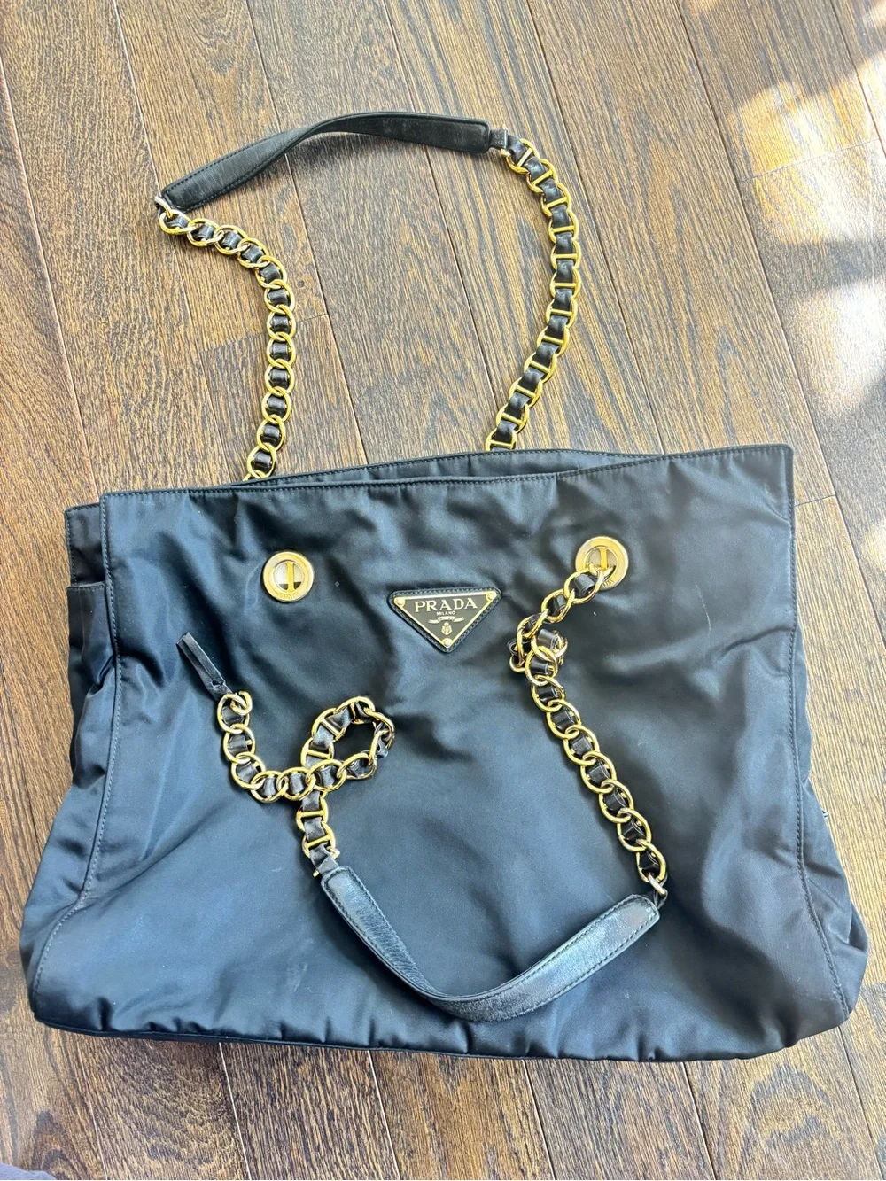Authentic Prada Black Nylon Shoulder Bag with Gold Chain Straps - Picture 3 of 7